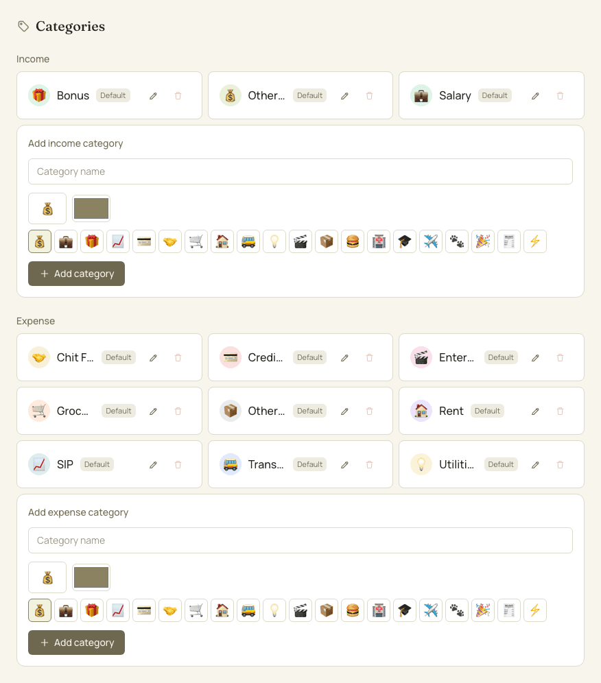 Custom income & expense categories screen in PEIT