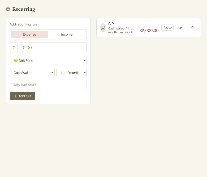 Recurring transactions screen in PEIT